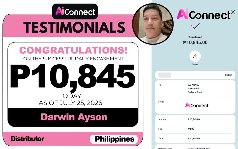 Payout screenshot ng member na si Darwin Ayson — ₱10,845 • Distributor