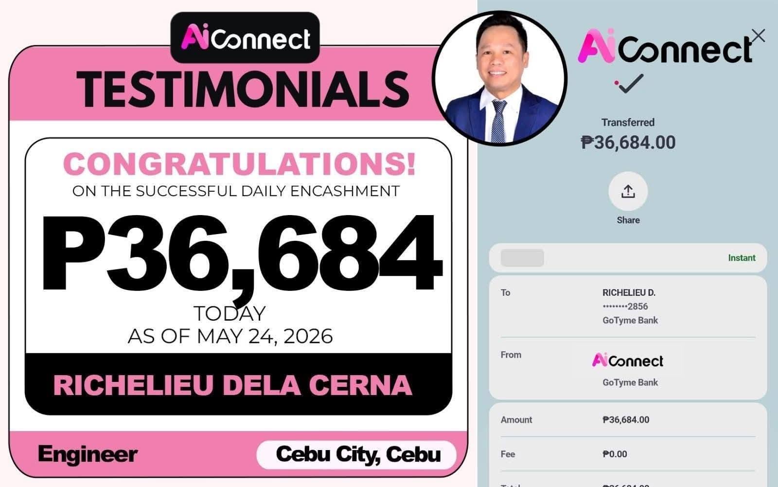 Payout screenshot ng member na si Richelieu Dela Cerna — ₱36,684 • Cebu City
