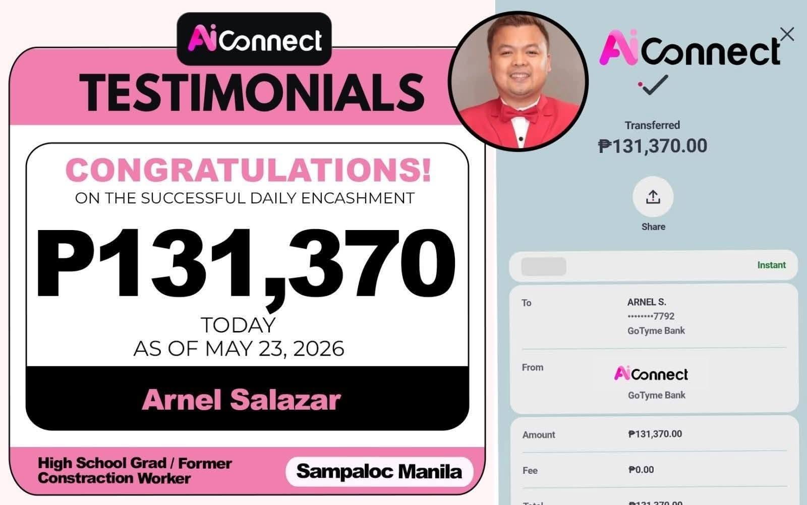 Payout screenshot ng member na si Arnel Salazar — ₱131,370 • Sampaloc, Manila