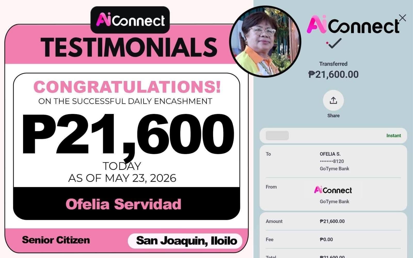 Payout screenshot ng member na si Ofelia Servidad — ₱21,600 • San Joaquin, Iloilo