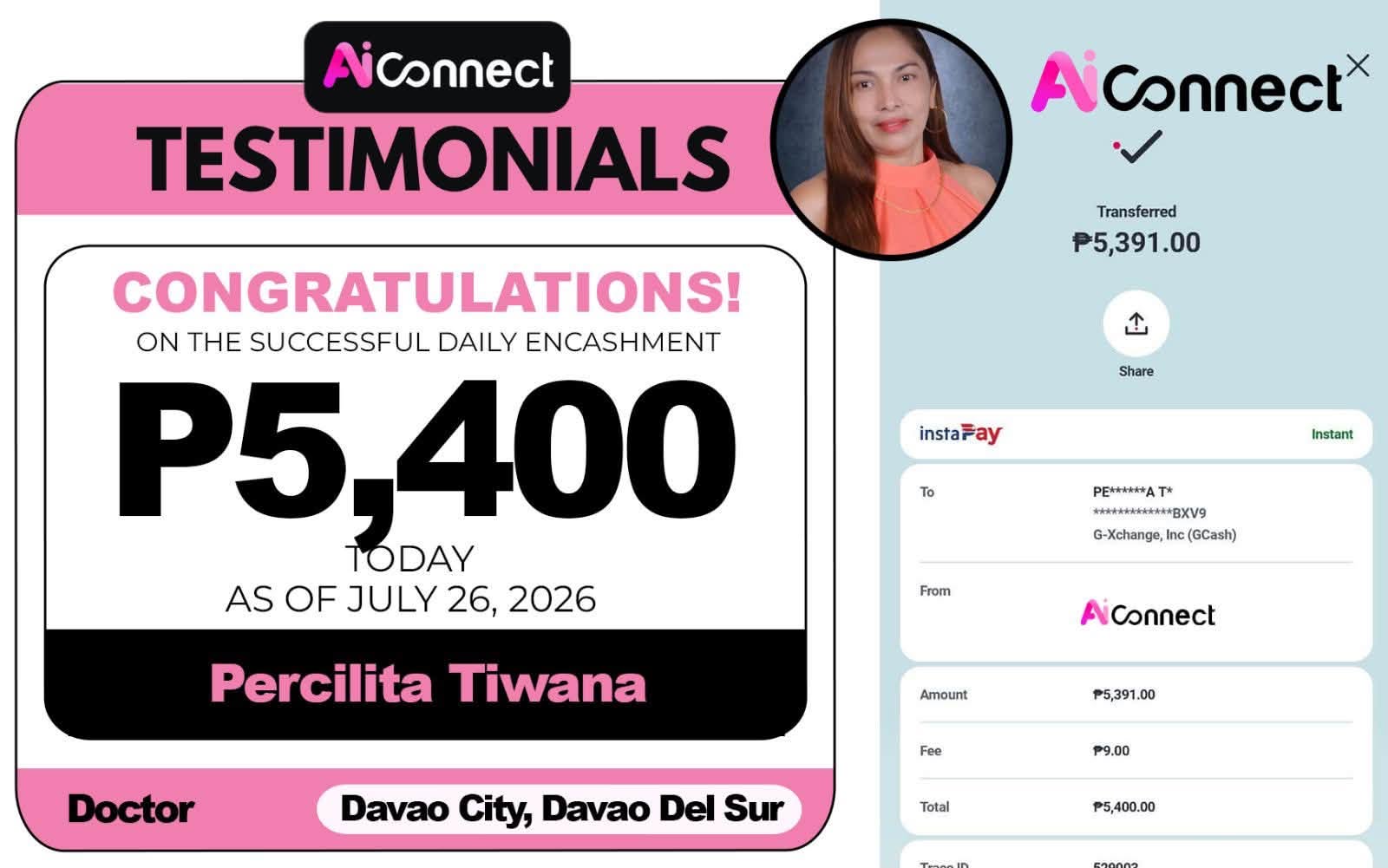 Payout screenshot ng member na si Percilita Tiwana — ₱5,400 • Doctor, Davao City