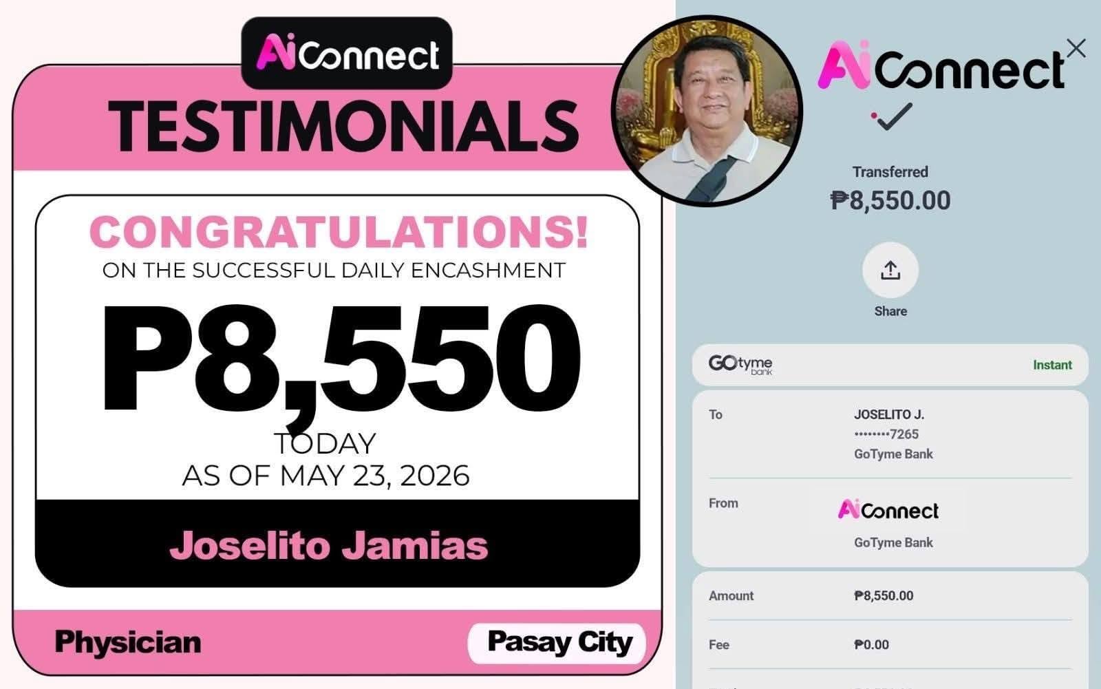 Payout screenshot ng member na si Joselito Jamias — ₱8,550 • Pasay City
