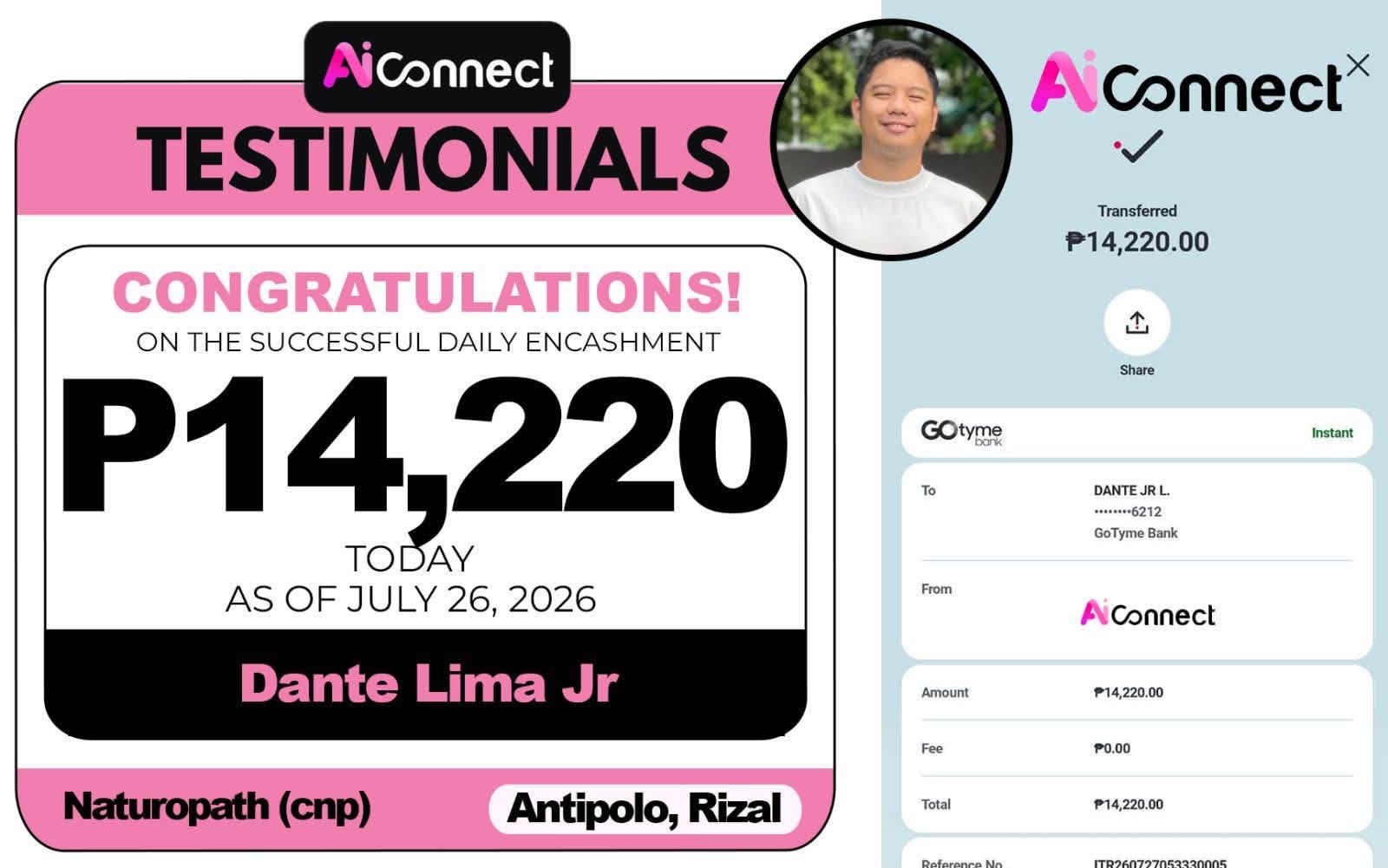 Payout screenshot ng member na si Dante Lima Jr — ₱14,220 • Antipolo, Rizal