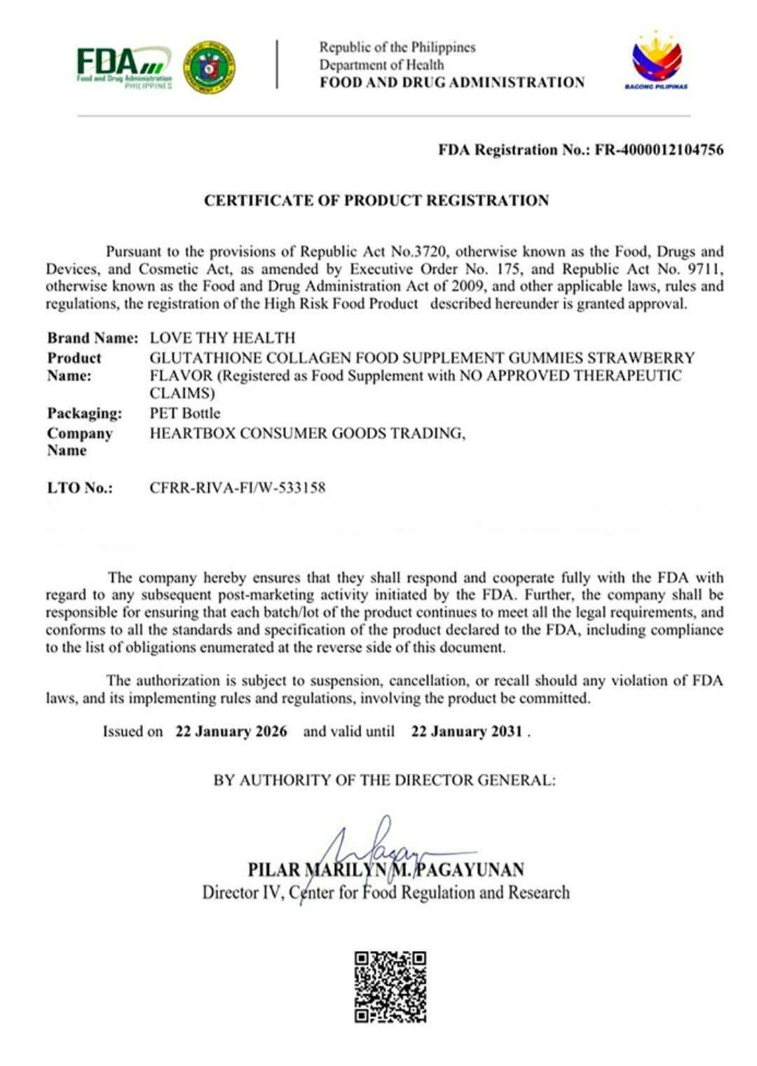 FDA Certificate of Product Registration — Glutathione Collagen Gummies (Strawberry) · FR-4000012104756
