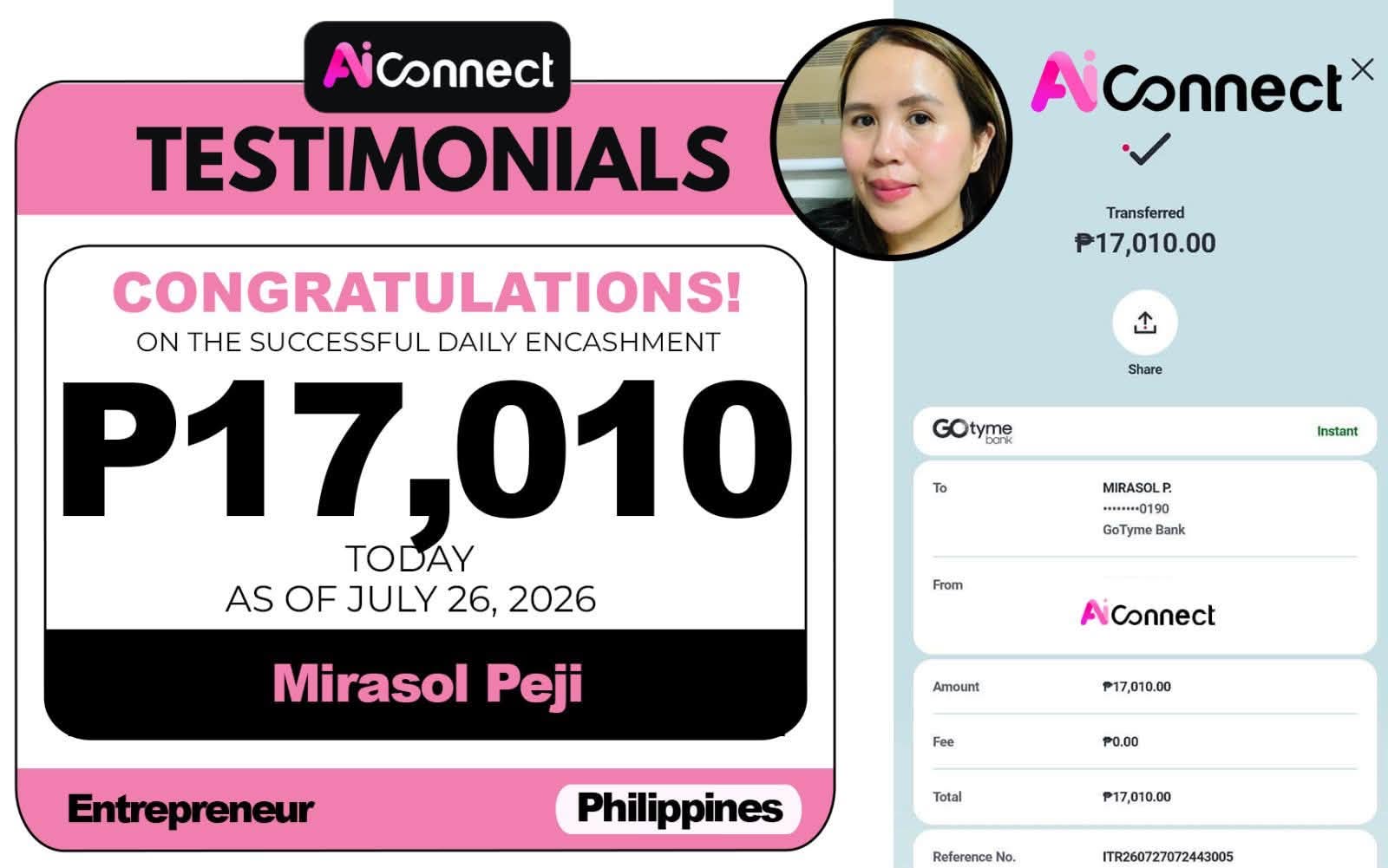Payout screenshot ng member na si Mirasol Peji — ₱17,010 • Entrepreneur