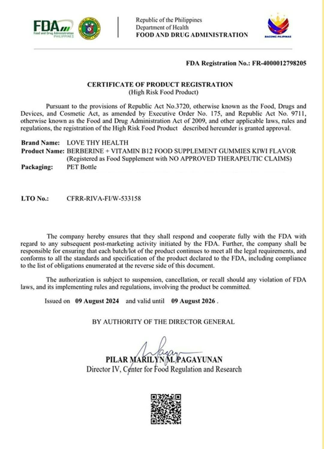 FDA Certificate of Product Registration — Berberine + Vitamin B12 Gummies (Kiwi) · FR-4000012798205