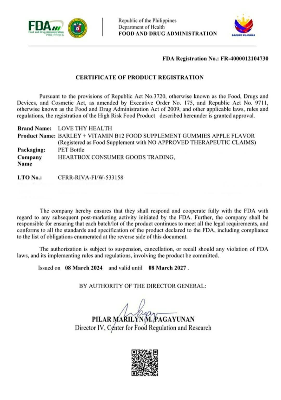 FDA Certificate of Product Registration — Barley + Vitamin B12 Gummies (Apple) · FR-4000012104730