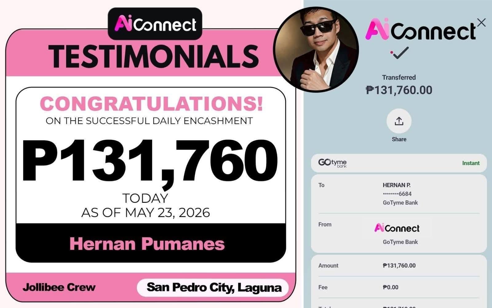 Payout screenshot ng member na si Hernan Pumanes — ₱131,760 • San Pedro, Laguna