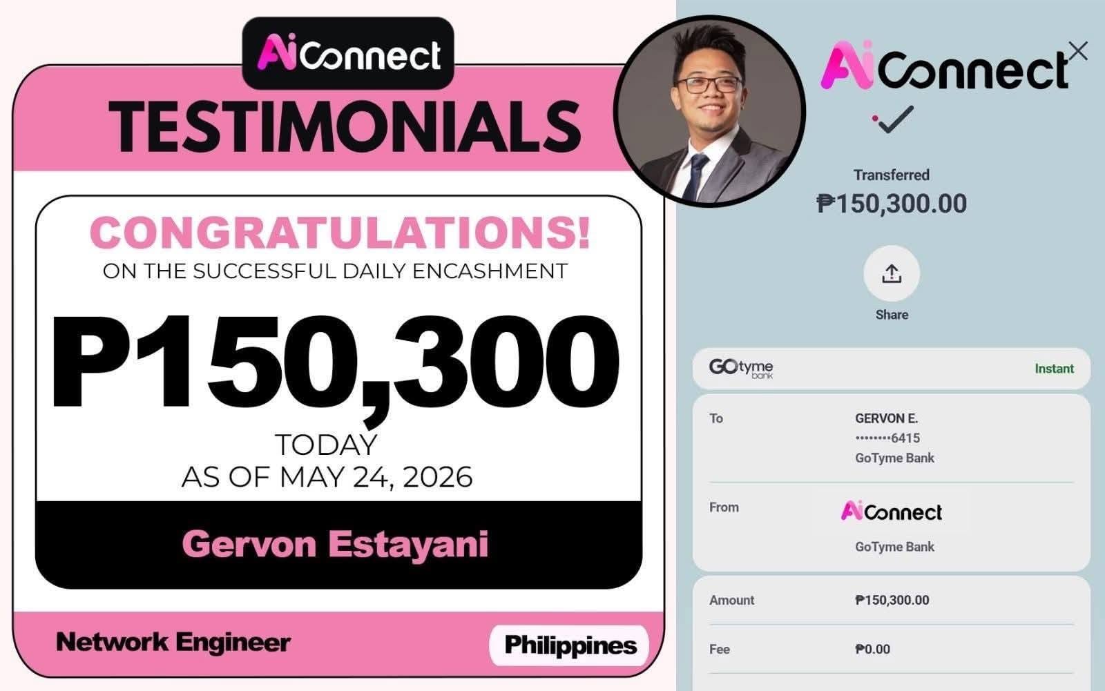 Payout screenshot ng member na si Gervon Estayani — ₱150,300 • Network Engineer