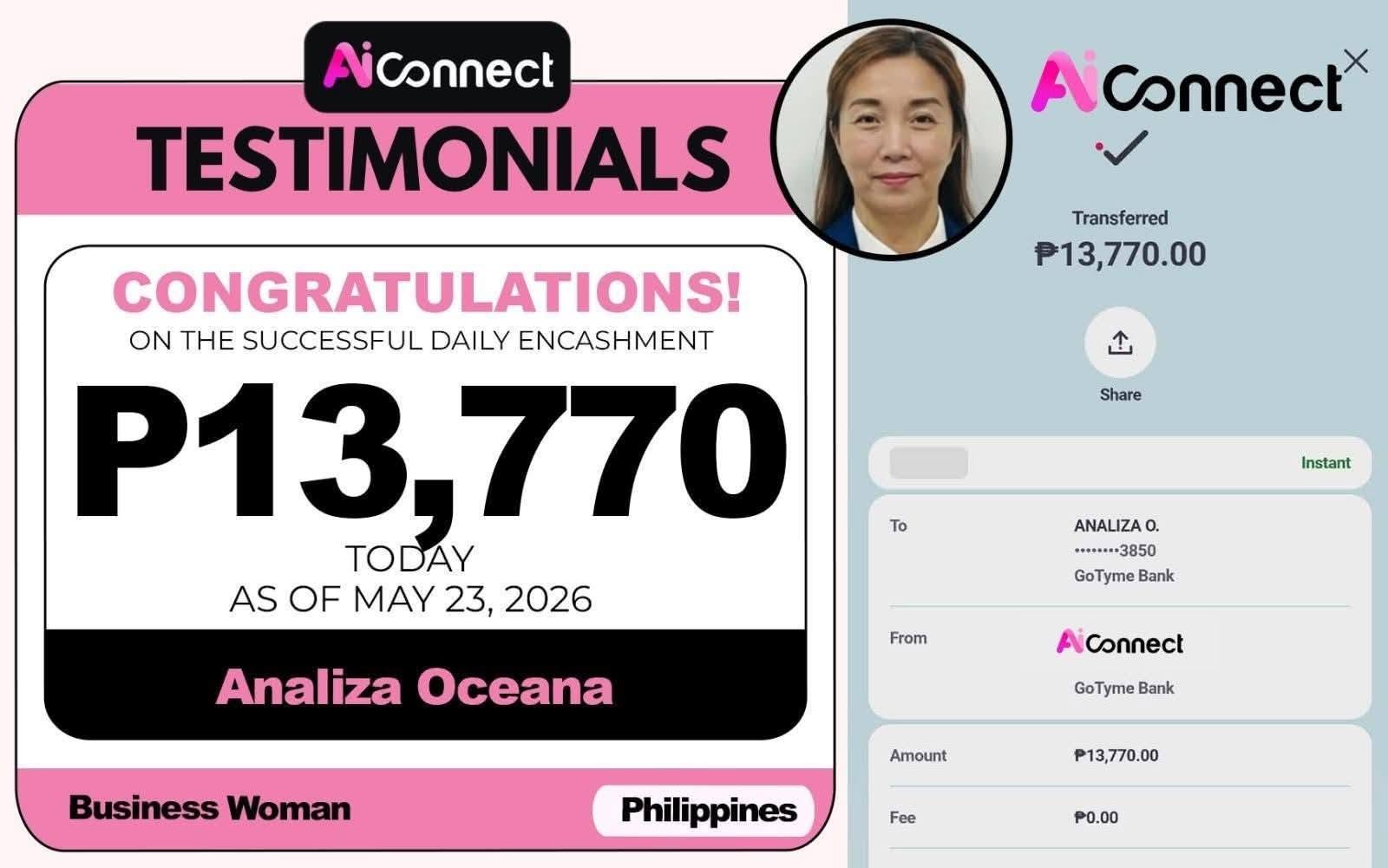 Payout screenshot ng member na si Analiza Oceana — ₱13,770 • Business Woman