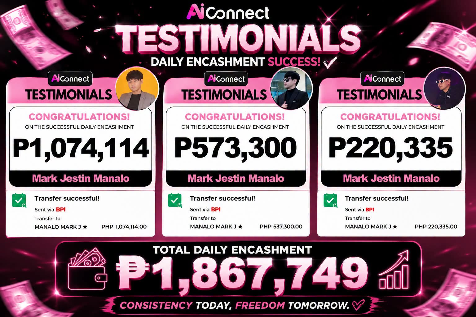 Payout screenshot ng member na si Mark Jestin Manalo — ₱1,867,749 total daily encashment