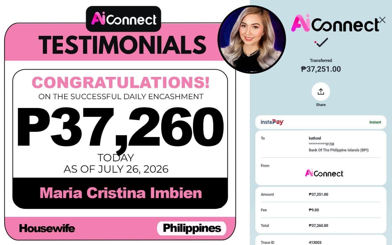 Payout screenshot ng member na si Maria Cristina Imbien — ₱37,260 • Housewife