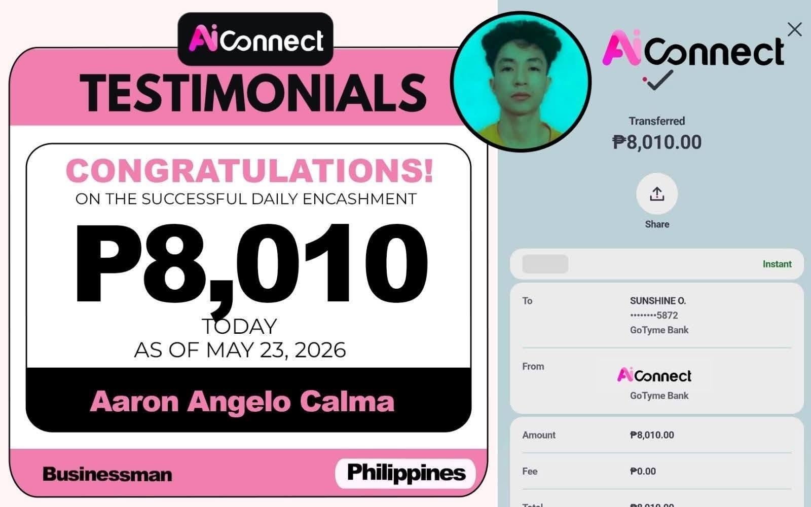 Payout screenshot ng member na si Aaron Angelo Calma — ₱8,010 • Businessman