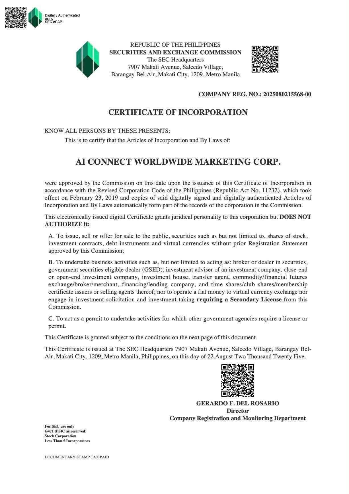 SEC Certificate of Incorporation — AI Connect Worldwide Marketing Corp. · Reg. No. 2025080215568-00